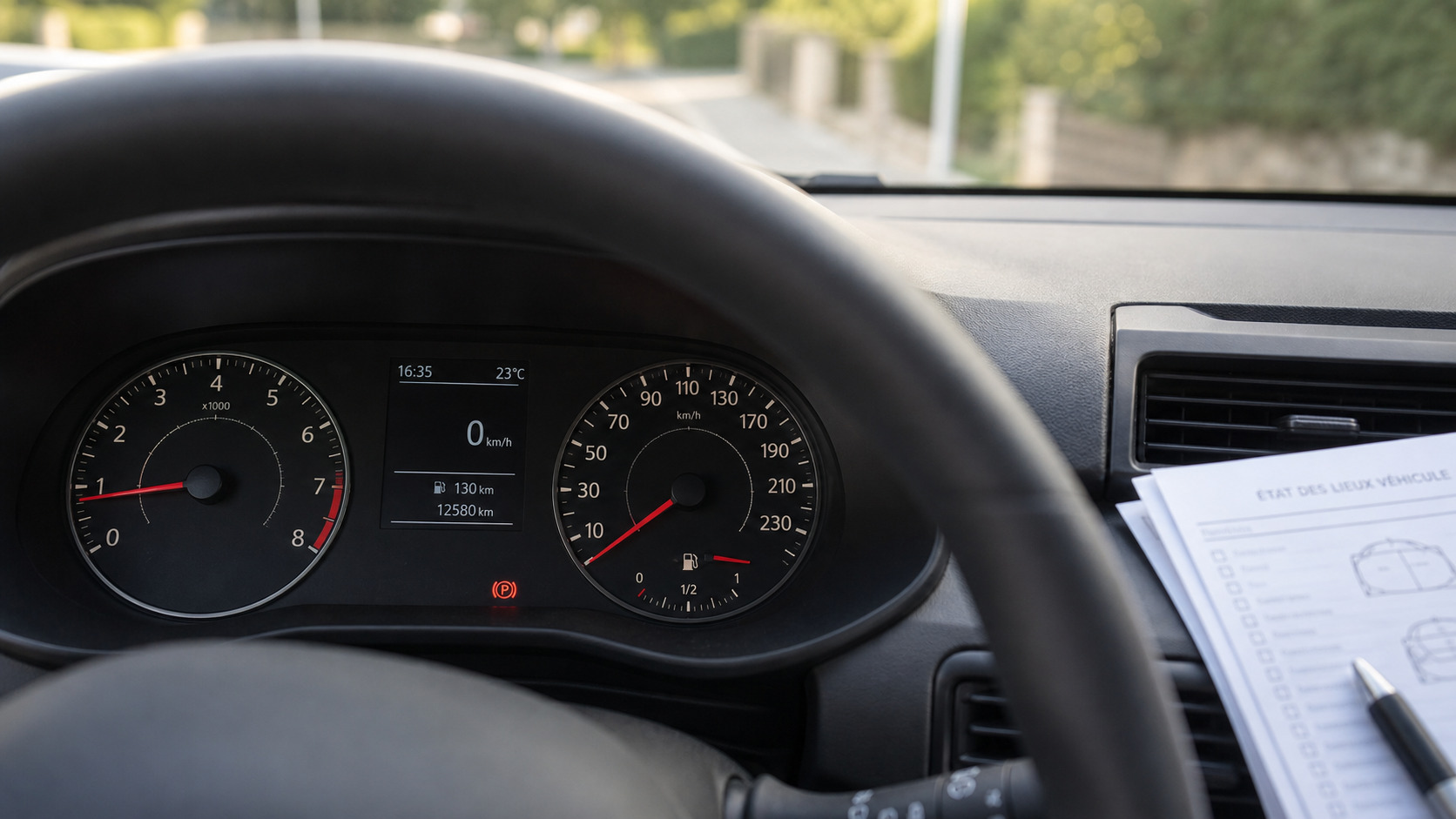 Tableau de bord indiquant niveau de carburant et compteur kilométrique au départ
