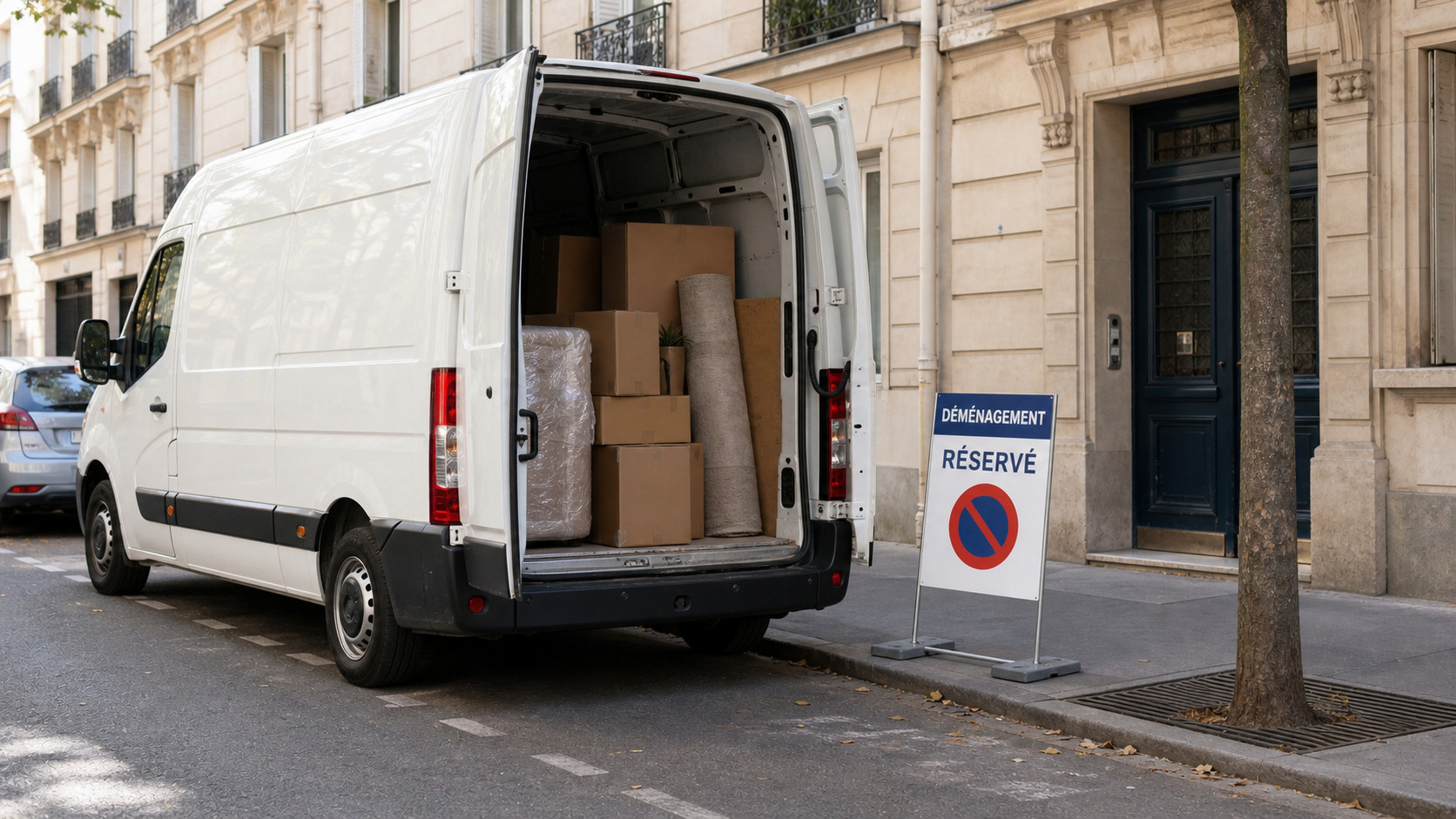 Utilitaire stationné devant un immeuble avec panneau d'autorisation de déménagement
