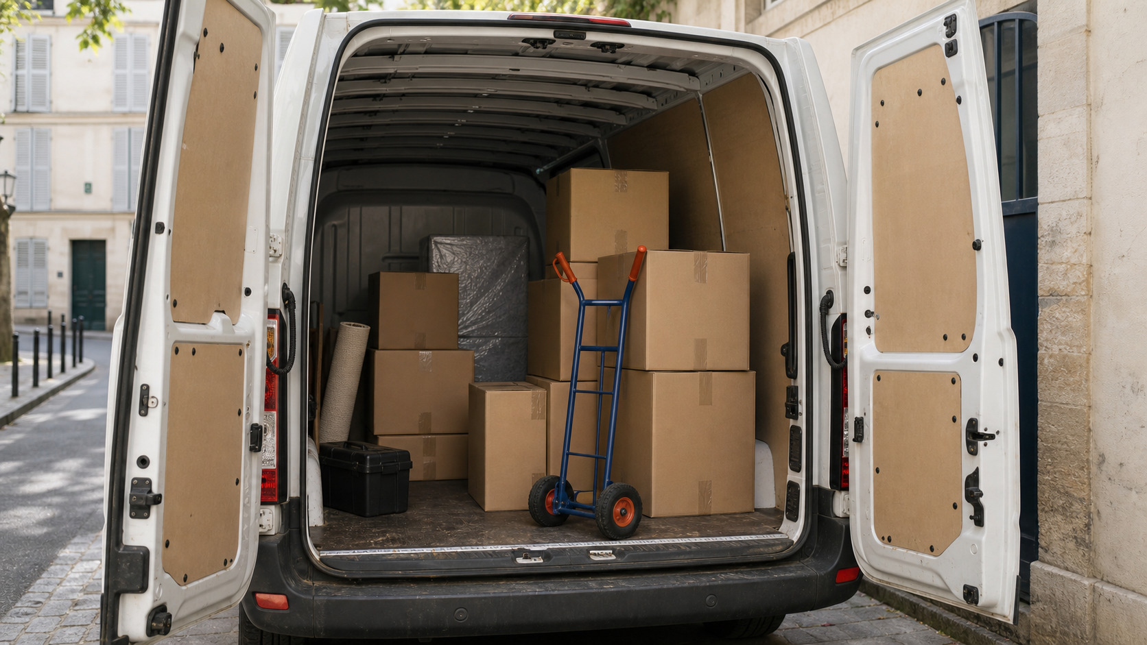 Utilitaire de déménagement ouvert avec cartons, diable et volume utile visible